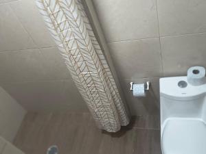 a bathroom with a toilet and a shower curtain at Servicios de Hospedaje in Orizaba