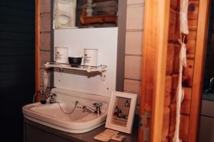 a bathroom with a sink with a picture on it at Chalet d'hôtes - Les Daims - Petit déjeuner inclus in Fauvillers