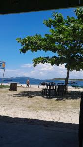a picnic table and chairs under a tree on the beach at Pousada Elis Regina in Guaraqueçaba