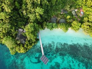 an aerial view of a tropical island with a solar panel in the water at Raja Ampat Eco Lodge in Tapokreng