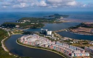 an aerial view of a city and a body of water at Hotel Golden Joy Stay in Hai Phong