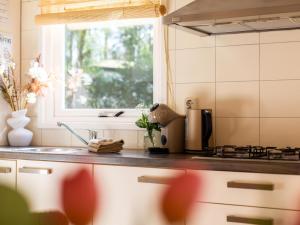 a kitchen with a sink and a window at Boschalet Stijn in Hattemerbroek +21 photos