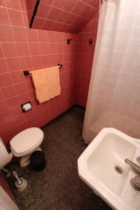 a pink bathroom with a toilet and a sink at Sierras & Urbana in Tandil
