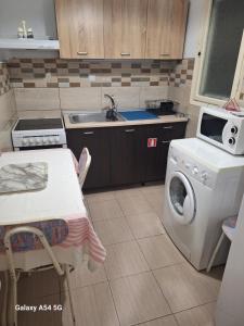 a kitchen with a washing machine and a sink at Sea and joy in Iraklitsa