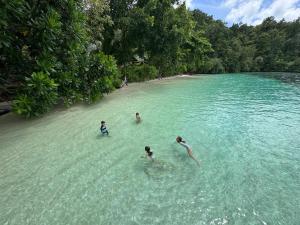 three people swimming in the water on a beach at Raja Ampat Eco Lodge in Tapokreng +59 photos