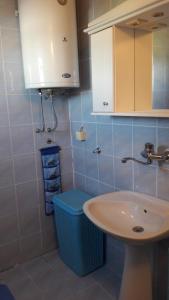 ein Badezimmer mit einem Waschbecken und einem blauen Mülleimer in der Unterkunft Holiday Home Aleksic in Žabljak