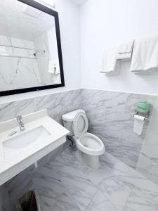 a bathroom with a sink and a toilet and a mirror at Economy Inn in Longview