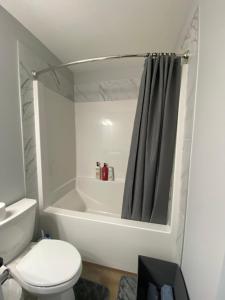 a bathroom with a toilet and a shower curtain at Kris Comfort Garden Suite in Edmonton