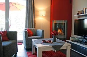 a living room with a tv and a fireplace at Villa Harmonie W2 in Göhren-Lebbin