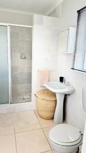 a bathroom with a toilet and a sink and a shower at Blue-breaker view in Struisbaai +17 photos