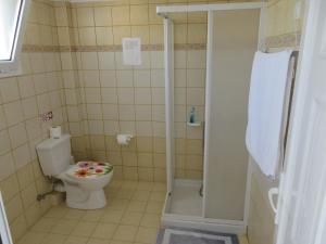 a bathroom with a toilet and a shower at Big Village Hotel in Skala Kefalonias
