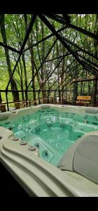 a hot tub with blue water inside of it at Montebello Chalet in Porumbacu de Sus