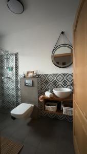 a bathroom with a sink and a toilet and a mirror at Casa de Sub Munte Cozy Chalet in Fundata +20 photos