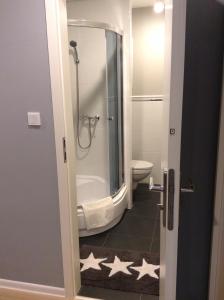 La salle de bains est pourvue d'une douche et de toilettes étoilées au sol. dans l'établissement Apartament Kiza, à Kielce