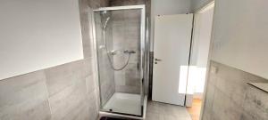 a shower with a glass door in a bathroom at Ferienwohnung Sonnenschein in Balderschwang