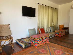 a living room with chairs and a flat screen tv at Hotel Latso Ladakh in Leh