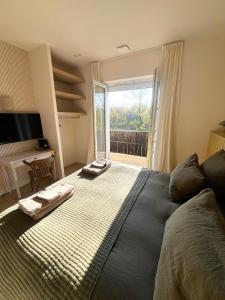 a bedroom with a large bed with a large window at Le Clos des Berges de l'Ain in Charnoz