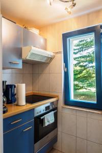 a kitchen with a blue stove and a window at Reethaus im Ostseebad Trassenheide in Trassenheide