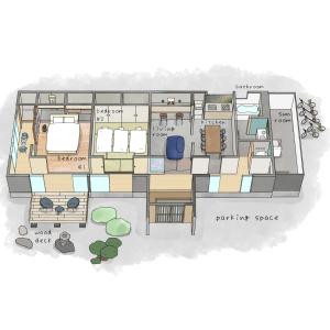 a drawing of a floor plan of a house at MITAMA House 01 ミタマ ハウス 01 in Ise