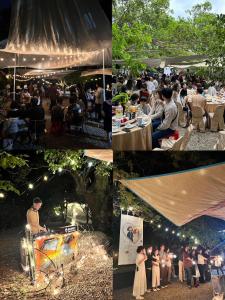 a collage of photos of a wedding with people sitting at tables at 拇指園民宿 in Guanxi