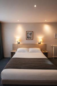 a large bed in a hotel room with two lamps at Hotel Cosmos in Paris