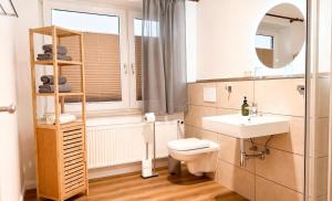 a bathroom with a toilet and a sink and a mirror at Straendhus Bed&Breakfast in Hasselberg
