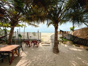 a hammock on a beach with chairs and a palm tree at Havana Beach Villa in Alleppey