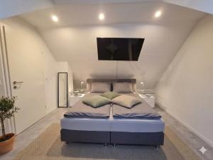 a bedroom with a large bed in a attic at Drei-FreeParking Self-Check-In in Wolfpassing an der Hochleithen