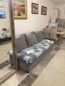 a couch in front of a mirror in a room at Oázis Apartman in Orfű