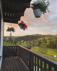 a balcony with flower pots and a view at Котедж HOLIDAY HOUSE in Yablunytsya