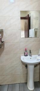 a bathroom with a white sink and a mirror at STADEVIEW MODERN STUDIOs in Gatunga