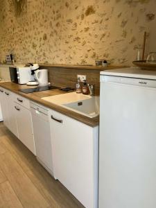 a kitchen with a counter top with a sink at Séjour à la campagne - Logement cosy et chaleureux in Courgains