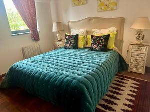 a bedroom with a bed with a green blanket and pillows at Gite Des Vignes in Verdigny