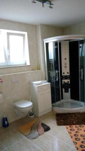 a bathroom with a toilet and a glass shower at Ferienwohnung Keil in Lahr