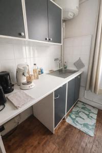 a kitchen with a white counter and a sink at Le Nid De Demolombe in Caen +8 photos