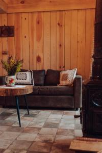 a brown leather couch in a room with a wood wall at Iglasta chata in Warszkowo +24 photos