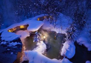 a garden covered in snow at night at Niseko Grand Hotel in Niseko