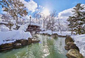 a snow covered pond with a gazebo at Niseko Grand Hotel in Niseko