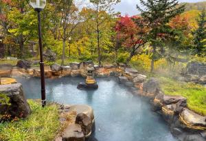 a pool of water with a fountain in a park at Niseko Grand Hotel in Niseko