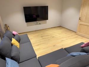 a living room with a couch and a flat screen tv at Ferienhaus Halbritter Pouch 2 in Pouch