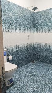 a bathroom with a toilet and a mosaic wall at Ruk Mountain Hotel in Kengalla +16 photos