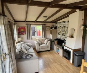 a living room with a couch and chairs and a fireplace at Lodge 18 - Caer Beris Park - No Tradesmen in Builth Wells