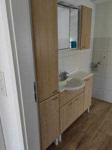 ein Badezimmer mit Waschbecken und Spiegel in der Unterkunft Appartment Frieda in Raduhn