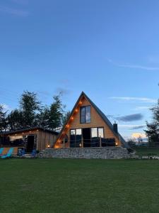 a house with lights on the front of it at Cabana Muncelus in Lupşa +19 photos