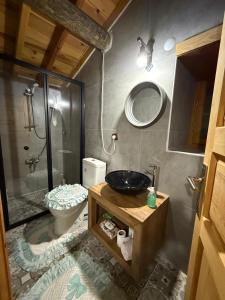 a bathroom with a sink and a shower and a toilet at Osmanil Konağı in Aksiki