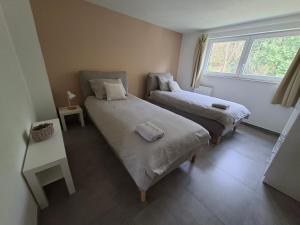 a bedroom with two beds and a window at Coolappart in Mont-Saint-Guibert