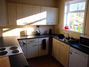 a kitchen with wooden cabinets and a sink and a window at Culsharg Cottage in Bargrennan