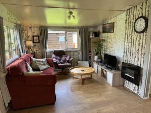 a living room with a couch and a coffee table at Lodge 51 - Caer Beris Park - No Tradesmen in Maesmynis
