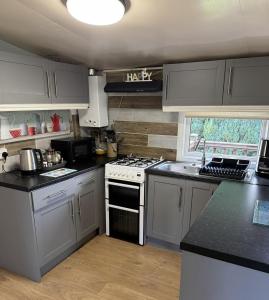 a kitchen with gray cabinets and a white stove top oven at Lodge 51 - Caer Beris Park - No Tradesmen in Maesmynis