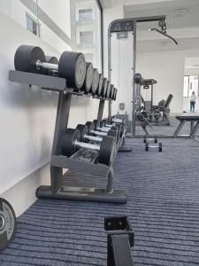 a gym with rows of weights in a room at Oceania Suites 5 Minutes from Jomo Kenyatta international Airport in Nairobi